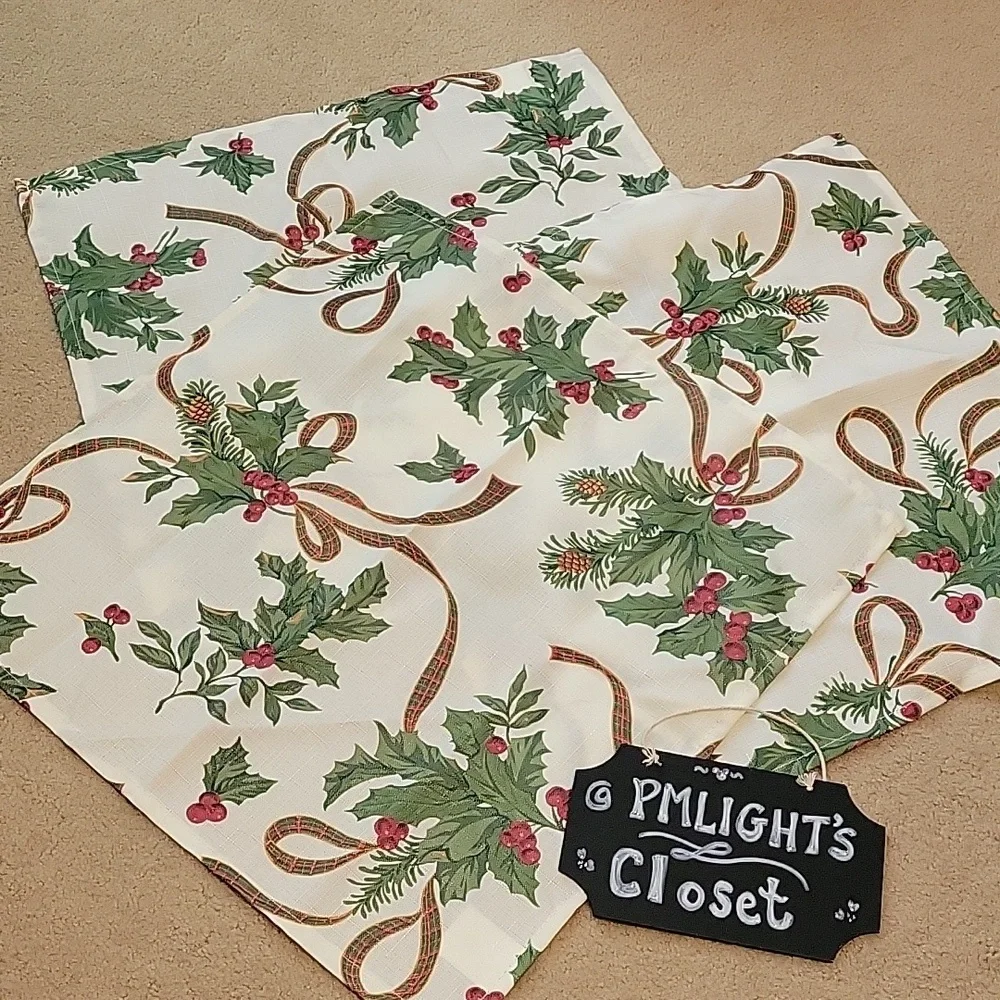 Set of 3 Christmas Napkins Holly Plaid Ribbon Ivory Red Green Gold